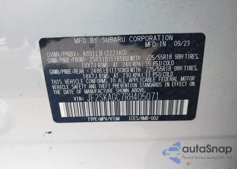 2024 Subaru Forester Sport z USA, uszkodzony, nr VIN JF2SKAGC7RH405071